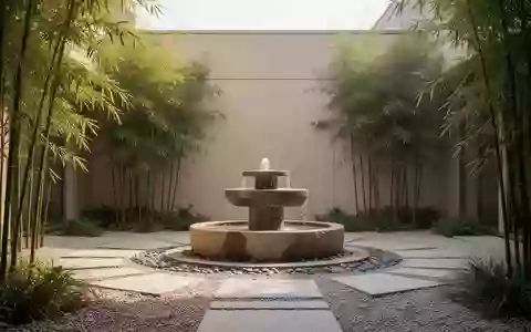 Ein minimalistischer Innenhof eines Krankenhauses mit einem Steinbrunnen, Kieselwegen und Bambuspflanzen in natürlichem Licht. - Foto: über boerse-global.de