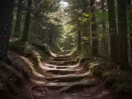 Ein naturbelassener, kurviger Waldpfad mit Wurzeln und Steinen unter dichtem Blätterdach bei einfallendem Sonnenlicht. - Foto: über boerse-global.de