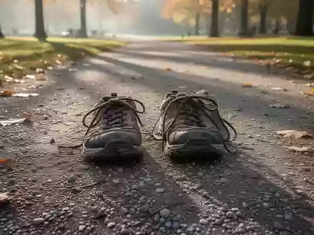 Ein Paar getragene Wanderschuhe auf einem Kiesweg in einem sonnendurchfluteten Park zur Veranschaulichung körperlicher Aktivität. - Foto: über boerse-global.de