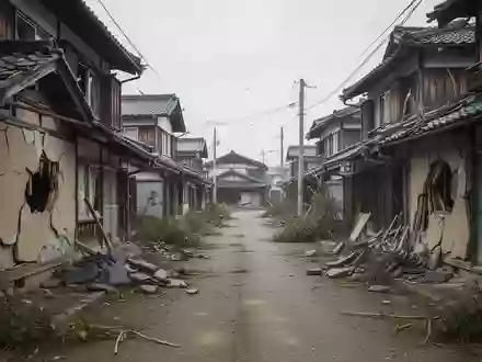 Beschädigte Wohnhäuser in einer japanischen Kleinstadt nach einem Erdbeben mit sichtbaren Schäden an Fassaden und Dächern. - Foto: über boerse-global.de