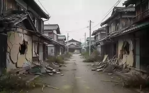 Beschädigte Wohnhäuser in einer japanischen Kleinstadt nach einem Erdbeben mit sichtbaren Schäden an Fassaden und Dächern. - Foto: über boerse-global.de