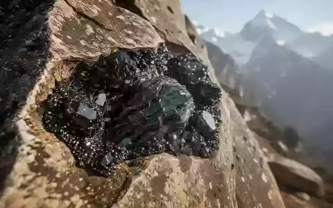Dunkles, harzartiges Mineralgestein in einer zerklüfteten Felsformation einer Gebirgslandschaft. - Foto: über boerse-global.de