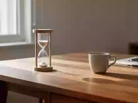 Ein minimalistischer, aufgeräumter Schreibtisch mit einer Sanduhr in natürlichem Tageslicht. - Foto: über boerse-global.de