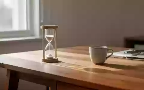 Ein minimalistischer, aufgerĂ€umter Schreibtisch mit einer Sanduhr in natĂŒrlichem Tageslicht. - Foto: ĂŒber boerse-global.de