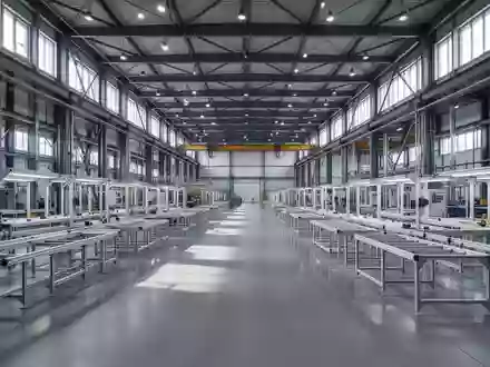 Weite, leere Produktionshalle in einem deutschen Automobilwerk mit hohen Stahlträgern und glattem Betonboden. - Foto: über boerse-global.de