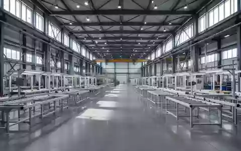 Weite, leere Produktionshalle in einem deutschen Automobilwerk mit hohen Stahlträgern und glattem Betonboden. - Foto: über boerse-global.de