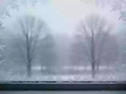 Mit Raureif bedeckte Fensterscheibe mit Blick auf eine winterliche, neblige Landschaft bei diffusem Tageslicht. - Foto: über boerse-global.de
