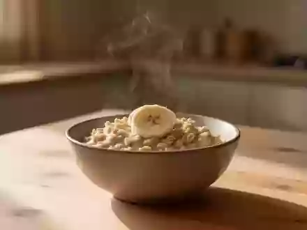 Eine Schale mit warmem Haferbrei und Bananenscheiben auf einem Holztisch bei natürlichem Licht. - Foto: über boerse-global.de