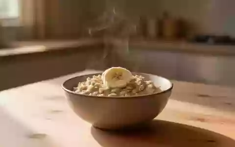 Eine Schale mit warmem Haferbrei und Bananenscheiben auf einem Holztisch bei natürlichem Licht. - Foto: über boerse-global.de