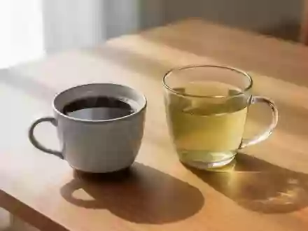 Zwei Tassen mit schwarzem Kaffee und grünem Tee auf einem schlichten Holztisch in hellem Tageslicht. - Foto: über boerse-global.de