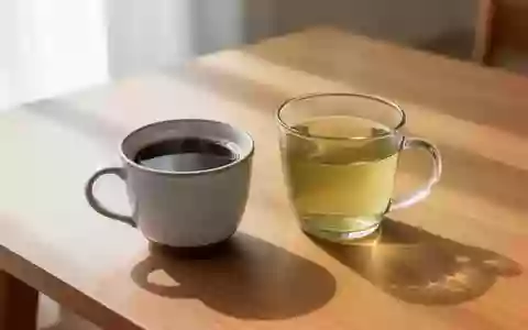 Zwei Tassen mit schwarzem Kaffee und grĂŒnem Tee auf einem schlichten Holztisch in hellem Tageslicht. - Foto: ĂŒber boerse-global.de