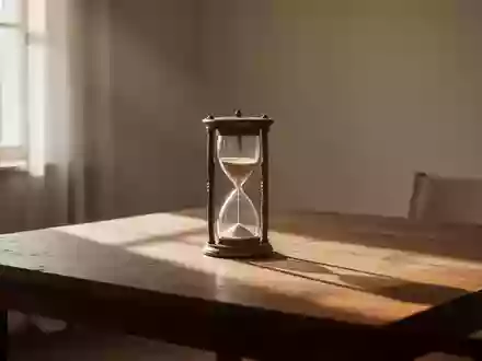Eine Sanduhr auf einem Holztisch in einem hellen, ruhigen Raum, die das Vergehen der Zeit symbolisiert. - Foto: ĂŒber boerse-global.de