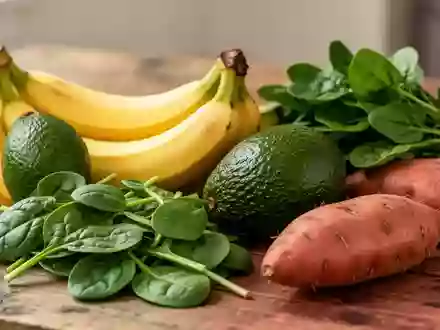 Frisches Obst und Gemüse wie Bananen, Avocados und Spinat auf einer hölzernen Unterlage als Symbol für kaliumreiche Ernährung. - Foto: über boerse-global.de