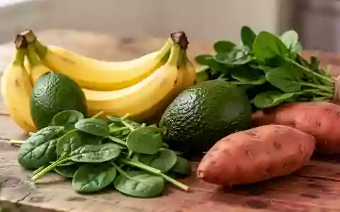 Frisches Obst und Gemüse wie Bananen, Avocados und Spinat auf einer hölzernen Unterlage als Symbol für kaliumreiche Ernährung. - Foto: über boerse-global.de