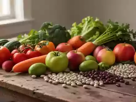 Frisches, rohes Obst und Gemüse auf einem Holztisch bei natürlichem Licht. - Foto: über boerse-global.de