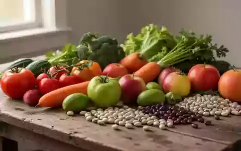 Frisches, rohes Obst und Gemüse auf einem Holztisch bei natürlichem Licht. - Foto: über boerse-global.de