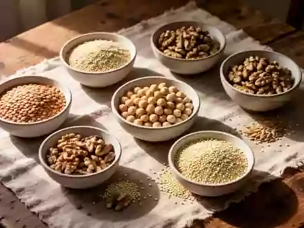 Verschiedene naturbelassene pflanzliche Proteinquellen wie Linsen, Kichererbsen, Walnüsse und Quinoa in Keramikschalen. - Foto: über boerse-global.de