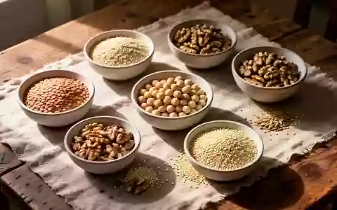 Verschiedene naturbelassene pflanzliche Proteinquellen wie Linsen, Kichererbsen, Walnüsse und Quinoa in Keramikschalen. - Foto: über boerse-global.de