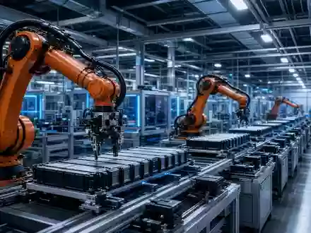 Automatisierte Fertigungsstraße in einer modernen Fabrik für Batteriezellen für Elektrofahrzeuge. - Foto: über boerse-global.de