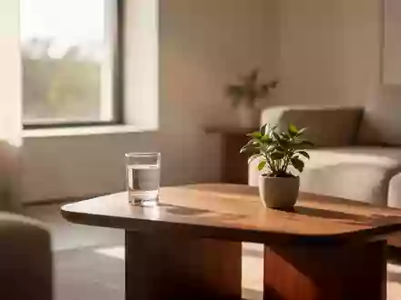 Ein minimalistischer, lichtdurchfluteter Wohnraum mit einem Holztisch, einem Glas Wasser und einer kleinen Pflanze. - Foto: ĂŒber boerse-global.de