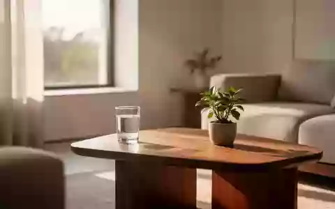 Ein minimalistischer, lichtdurchfluteter Wohnraum mit einem Holztisch, einem Glas Wasser und einer kleinen Pflanze. - Foto: über boerse-global.de
