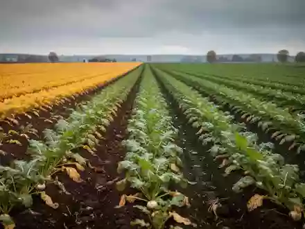 Weites Zuckerrübenfeld in einer herbstlichen Landschaft mit dunklem Ackerboden und grünen Pflanzenreihen unter bewölktem Himmel. - Foto: über boerse-global.de