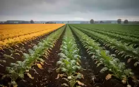 Weites Zuckerrübenfeld in einer herbstlichen Landschaft mit dunklem Ackerboden und grünen Pflanzenreihen unter bewölktem Himmel. - Foto: über boerse-global.de