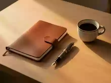 Ein minimalistischer Holzschreibtisch mit einem Notizbuch und einer Kaffeetasse in natürlichem Licht. - Foto: über boerse-global.de