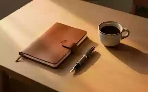 Ein minimalistischer Holzschreibtisch mit einem Notizbuch und einer Kaffeetasse in natĂŒrlichem Licht. - Foto: ĂŒber boerse-global.de