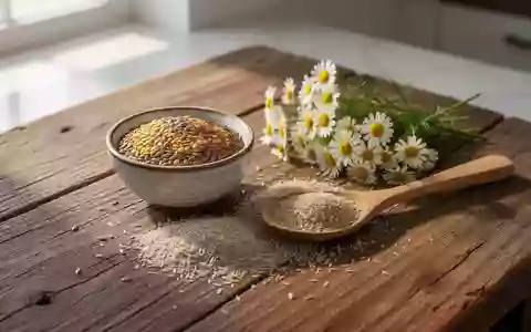Nahaufnahme von Leinsamen, Flohsamen und Kamillenblüten auf einem Holztisch als Symbol für eine schonende Ernährung. - Foto: über boerse-global.de