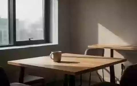 Ein leerer Pausenraum mit einem einzelnen Kaffeebecher auf einem Holztisch bei natürlichem Licht. - Foto: über boerse-global.de