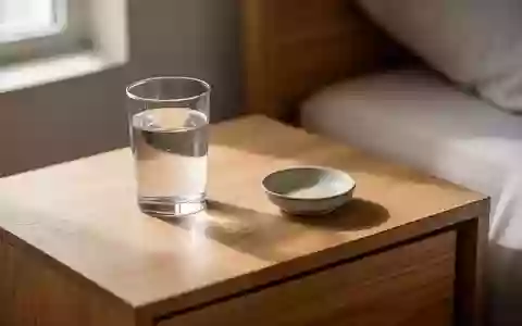 Ein Glas Wasser auf einem hölzernen Nachttisch in einem hellen, ruhigen Schlafzimmer bei Tageslicht. - Foto: über boerse-global.de