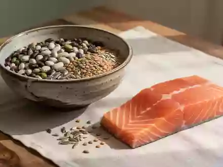Eine Auswahl an proteinreichen Lebensmitteln wie Hülsenfrüchte und Fisch auf einem Holztisch bei natürlichem Licht. - Foto: über boerse-global.de