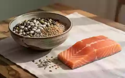 Eine Auswahl an proteinreichen Lebensmitteln wie Hülsenfrüchte und Fisch auf einem Holztisch bei natürlichem Licht. - Foto: über boerse-global.de