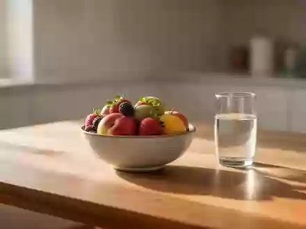 Ein minimalistischer Holztisch mit einer Schale frischem Obst und einem Glas Wasser in natürlichem Morgenlicht. - Foto: über boerse-global.de