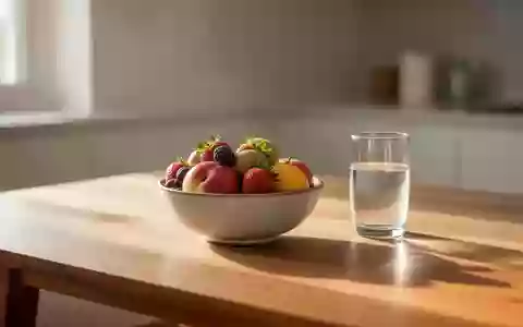 Ein minimalistischer Holztisch mit einer Schale frischem Obst und einem Glas Wasser in natürlichem Morgenlicht. - Foto: über boerse-global.de