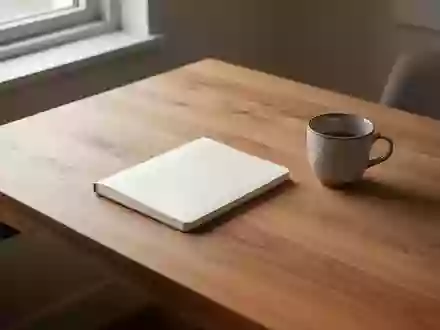 Ein minimalistischer, aufgeräumter Schreibtisch mit einem leeren Notizbuch und einer Tasse in sanftem Morgenlicht. - Foto: über boerse-global.de