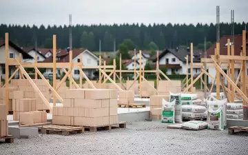 Baustelle für ein kommunales Wohnungsbauprojekt mit Baumaterialien vor einem Wohngebiet in einer bayerischen Kleinstadt. - Foto: über boerse-global.de