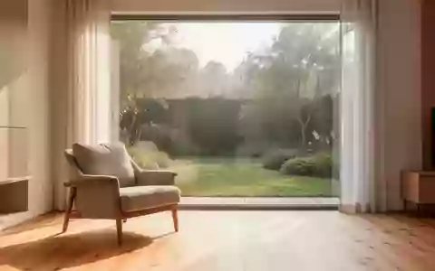 Ein helles, modern eingerichtetes Wohnzimmer mit einem bequemen Sessel und einem großen Fenster mit Blick in einen Garten. - Foto: über boerse-global.de