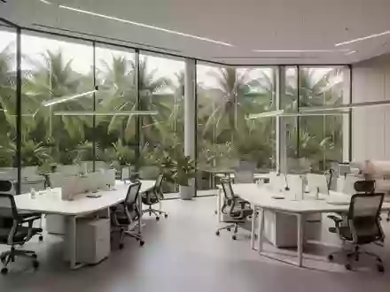 Ein minimalistischer, moderner Forschungsraum mit großen Fenstern und Blick auf tropische Vegetation. - Foto: über boerse-global.de