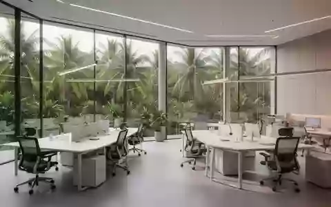 Ein minimalistischer, moderner Forschungsraum mit großen Fenstern und Blick auf tropische Vegetation. - Foto: über boerse-global.de