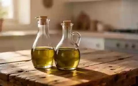 Eine kleine Glaskaraffe mit goldenem Olivenöl auf einem rustikalen Holztisch in natürlichem Licht. - Foto: über boerse-global.de