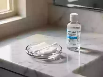 Ein steriler Wattestäbchen und eine kleine Flasche Desinfektionsmittel auf einer hellen Marmoroberfläche. - Foto: über boerse-global.de