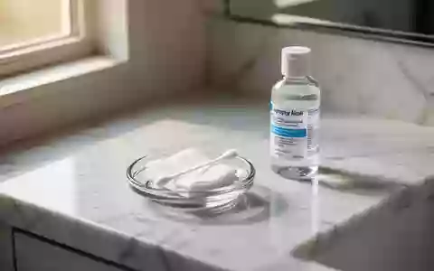 Ein steriler Wattestäbchen und eine kleine Flasche Desinfektionsmittel auf einer hellen Marmoroberfläche. - Foto: über boerse-global.de