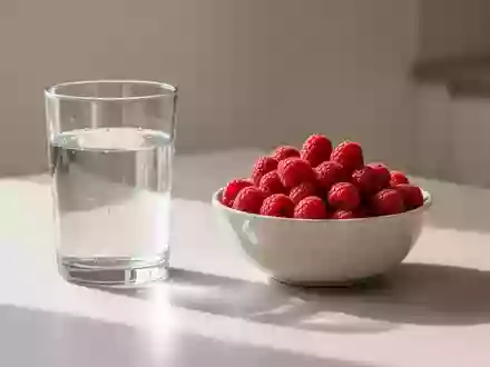 Ein Glas Wasser und eine Schale mit frischen Himbeeren auf einem minimalistischen Küchentisch bei Tageslicht. - Foto: über boerse-global.de
