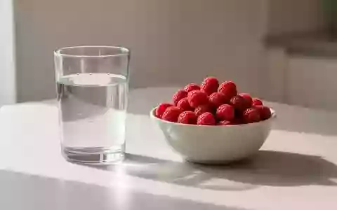 Ein Glas Wasser und eine Schale mit frischen Himbeeren auf einem minimalistischen Küchentisch bei Tageslicht. - Foto: über boerse-global.de