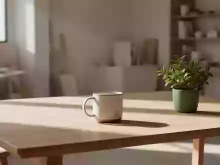 Ein minimalistischer, sonnendurchfluteter Arbeitsplatz mit einem aufgeräumten Holztisch, einer Kaffeetasse und einer Pflanze. - Foto: über boerse-global.de