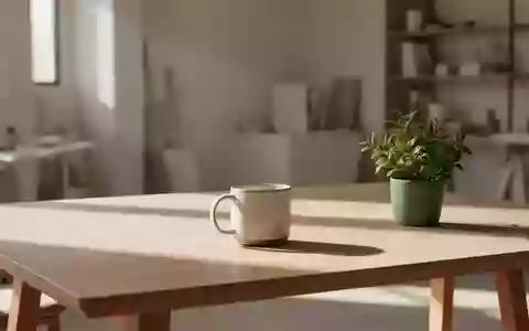 Ein minimalistischer, sonnendurchfluteter Arbeitsplatz mit einem aufgeräumten Holztisch, einer Kaffeetasse und einer Pflanze. - Foto: über boerse-global.de