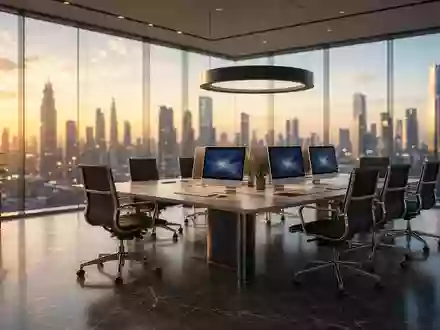 Abstrakte Darstellung eines modernen Bürokomplexes bei Sonnenuntergang als Symbol für Marktvertrauen. - Foto: über boerse-global.de