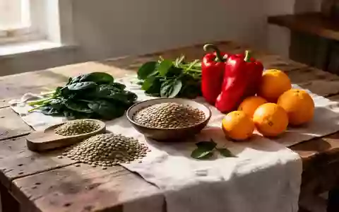 Frische pflanzliche Lebensmittel wie Hülsenfrüchte, Blattgemüse, Paprika und Zitrusfrüchte auf einem Holztisch. - Foto: über boerse-global.de